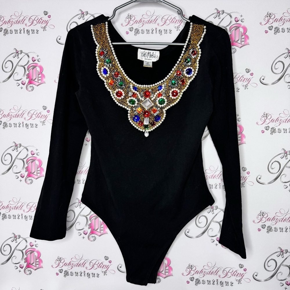Bob Mackie blouses body suit embroidered jewels diamonds neckline stretchy